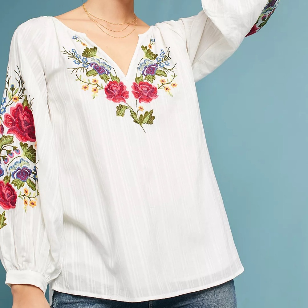 Anthropologie Mira Embroidered Peasant Blouse